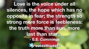 Love is the voice under all silences, the hope which has no opposite in fear; the strength so strong mere force is feebleness: the truth more than sun, more last than star… - E.E. Cummings