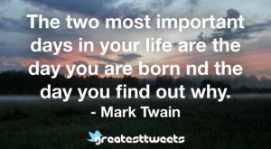 The two most important days in your life are the day you are born nd the day you find out why. - Mark Twain
