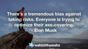 There's a tremendous bias against taking risks. Everyone is trying to optimize their ass-covering. - Elon Musk