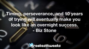 Timing, perseverance, and 10 years of trying will eventually make you look like an overnight success. - Biz Stone