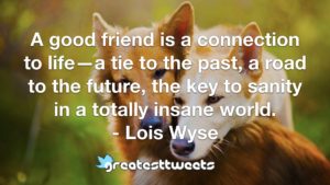 A good friend is a connection to life—a tie to the past, a road to the future, the key to sanity in a totally insane world. - Lois Wyse