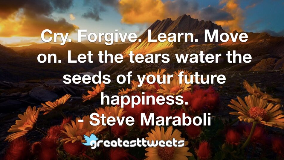 Cry. Forgive. Learn. Move on. Let the tears water the seeds of your future happiness. - Steve Maraboli