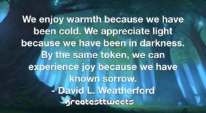 We enjoy warmth because we have been cold. We appreciate light because we have been in darkness. By the same token, we can experience joy because we have known sorrow.- David L. Weatherford.001