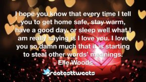 I hope you know that every time I tell you to get home safe, stay warm, have a good day, or sleep well what I am really saying is I love you. I love you so damn much that it is starting to steal other words’ meanings.- Elle Woods.001