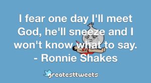 I fear one day I'll meet God, he'll sneeze and I won't know what to say. - Ronnie Shakes