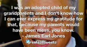 I was an adopted child of my grandparents and I don’t know how I can ever express my gratitude for that, because my parents would have been mess, you know. - James Earl Jones