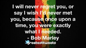 I will never regret you, or say I wish I’d never met you, because once upon a time, you were exactly what I needed. - Bob Marley
