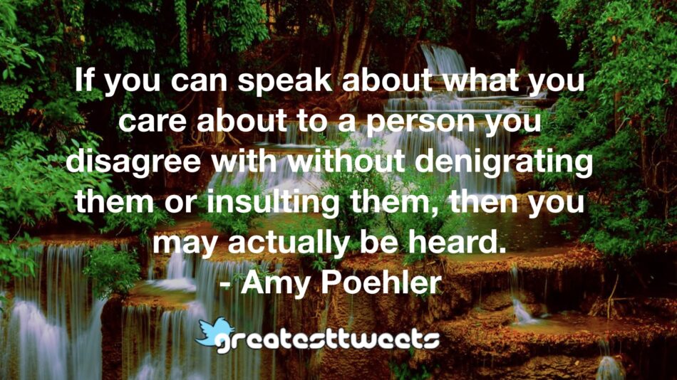 If you can speak about what you care about to a person you disagree with without denigrating them or insulting them, then you may actually be heard. - Amy Poehler