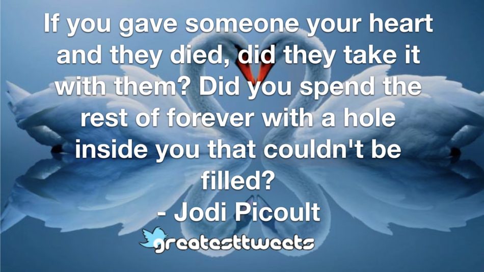 If you gave someone your heart and they died, did they take it with them? Did you spend the rest of forever with a hole inside you that couldn't be filled?- Jodi Picoult.001