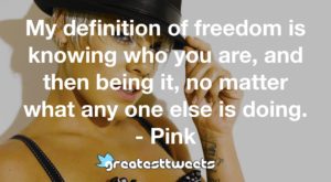 My definition of freedom is knowing who you are, and then being it, no matter what any one else is doing. - Pink