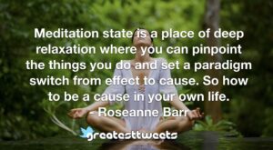 Meditation state is a place of deep relaxation where you can pinpoint the things you do and set a paradigm switch from effect to cause. So how to be a cause in your own life.- Roseanne Barr.001