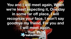 You and I will meet again, When we're least expecting it, One day in some far off place, I will recognize your face, I won't say goodbye my friend, For you and I will meet again.- Tom Petty.001