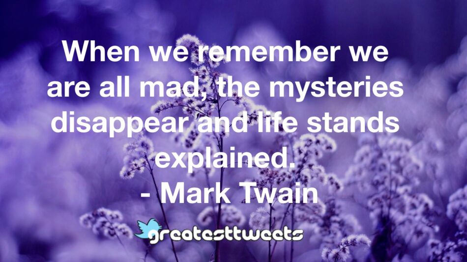 When we remember we are all mad, the mysteries disappear and life stands explained. - Mark Twain