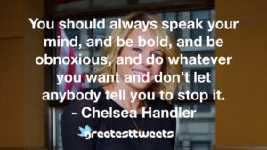 You should always speak your mind, and be bold, and be obnoxious, and do whatever you want and don’t let anybody tell you to stop it. - Chelsea Handler