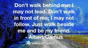 Don't walk behind me; I may not lead. Don't walk in front of me; I may not follow. Just walk beside me and be my friend. - Albert Camus