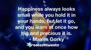 Happiness always looks small while you hold it in your hands, but let it go, and you learn at once how big and precious it is. - Maxim Gorky