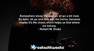 Somewhere along the way we all go a bit mad. So burn, let go and dive into the horror, because maybe it’s the chaos which helps us find where we belong. - Robert M. Drake