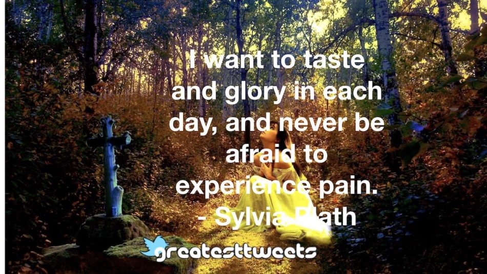 I want to taste and glory in each day, and never be afraid to experience pain. - Sylvia Plath