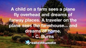 A child on a farm sees a plane fly overhead and dreams of farway places. A traveler on the plane sees the farmhouse... and dreams of home. - C. Burns
