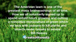 The American lawn is one of the greatest mass brainwashings of all time. How we all voluntarily signed up to spend untold hours growing and cutting a nonnative monoculture of green which we lace with poisons to kill plants and insects never ceases to amaze.- Bill Heavey.001