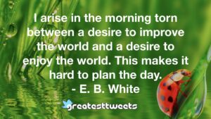 I arise in the morning torn between a desire to improve the world and a desire to enjoy the world. This makes it hard to plan the day. - E. B. White