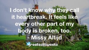 I don't know why they call it heartbreak. It feels like every other part of my body is broken, too. - Missy Altijd