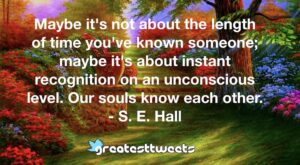 Maybe it's not about the length of time you've known someone; maybe it's about instant recognition on an unconscious level. Our souls know each other. - S. E. Hall
