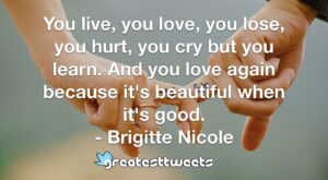You live, you love, you lose, you hurt, you cry but you learn. And you love again because it's beautiful when it's good. - Brigitte Nicole