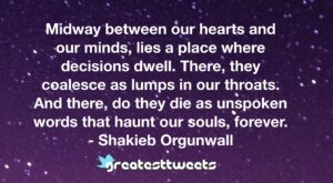Midway between our hearts and our minds, lies a place where decisions dwell. There, they coalesce as lumps in our throats. And there, do they die as unspoken words that haunt our souls, forever.- Shakieb Orgunwall.001